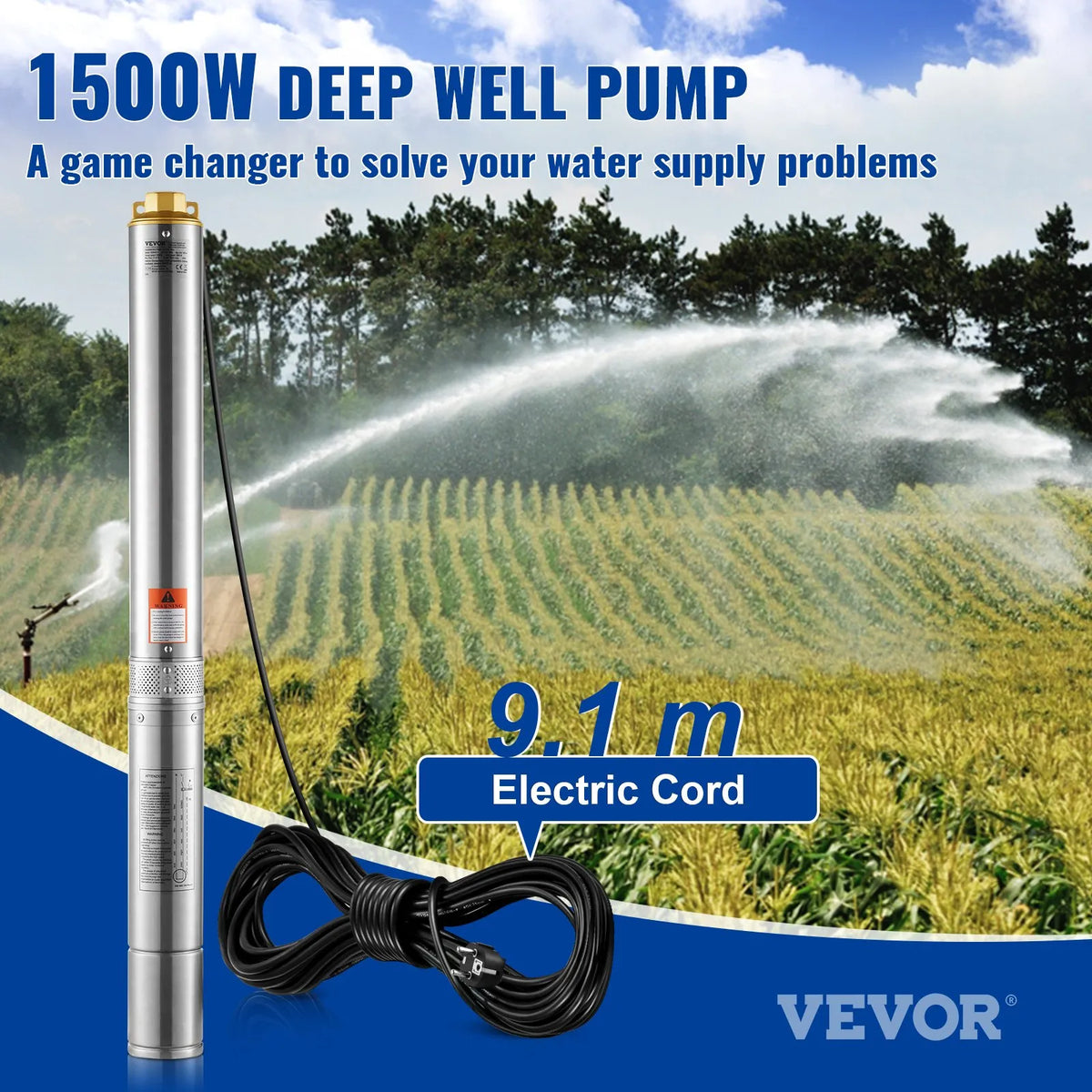 VEVOR dziļurbuma iegremdējamais sūknis 1500 W, 230 V/50 Hz, plūsma līdz 9,8 m³/h, pacelšanas augstums līdz 108 m, 9,1 m elektriskais kabelis, nerūsējošā tērauda korpuss, IP68, rūpniecībai, apūdeņošanai un mājsaimniecībai