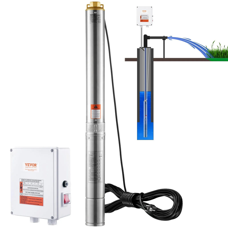 VEVOR dziļurbuma iegremdējamais sūknis, 2200 W, 230 V, plūsma 9,8 m³/h, pacēluma augstums 144 m, ar 19,4 m kabeli un ārējo vadības bloku, nerūsējošā tērauda ūdens sūknis rūpnieciskai apūdeņošanai un mājas lietošanai, IP68 ūdensizturība