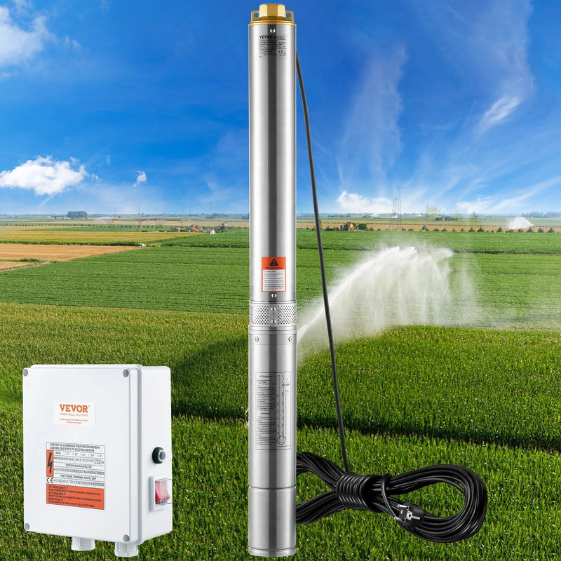 VEVOR dziļurbuma iegremdējamais sūknis, 2200 W, 230 V, plūsma 9,8 m³/h, pacēluma augstums 144 m, ar 19,4 m kabeli un ārējo vadības bloku, nerūsējošā tērauda ūdens sūknis rūpnieciskai apūdeņošanai un mājas lietošanai, IP68 ūdensizturība