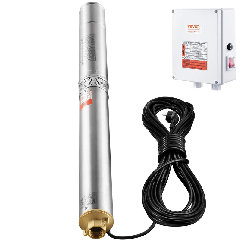 VEVOR dziļurbuma iegremdējamais sūknis, 2200 W, 230 V, plūsma 9,8 m³/h, pacēluma augstums 144 m, ar 19,4 m kabeli un ārējo vadības bloku, nerūsējošā tērauda ūdens sūknis rūpnieciskai apūdeņošanai un mājas lietošanai, IP68 ūdensizturība