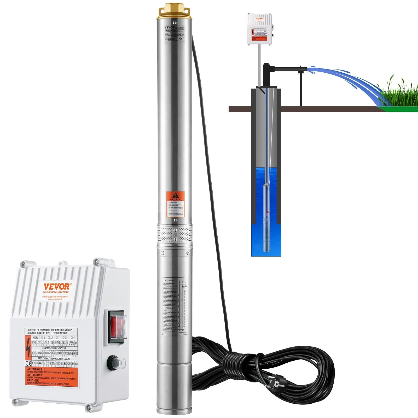 VEVOR dziļurbuma iegremdējamais sūknis 1500 W, 230 V/60 Hz, plūsma līdz 9,8 m³/h, pacelšanas augstums līdz 108 m, 19,4 m kabelis ar ārēju vadības bloku, nerūsējošā tērauda korpuss, IP68, rūpniecībai, apūdeņošanai un mājsaimniecībai