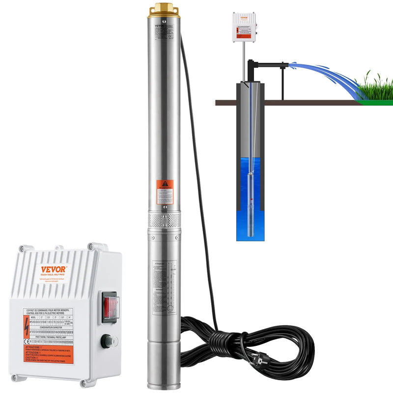 VEVOR dziļurbuma iegremdējamais sūknis 1500 W, 230 V/60 Hz, plūsma līdz 9,8 m³/h, pacelšanas augstums līdz 108 m, 19,4 m kabelis ar ārēju vadības bloku, nerūsējošā tērauda korpuss, IP68, rūpniecībai, apūdeņošanai un mājsaimniecībai