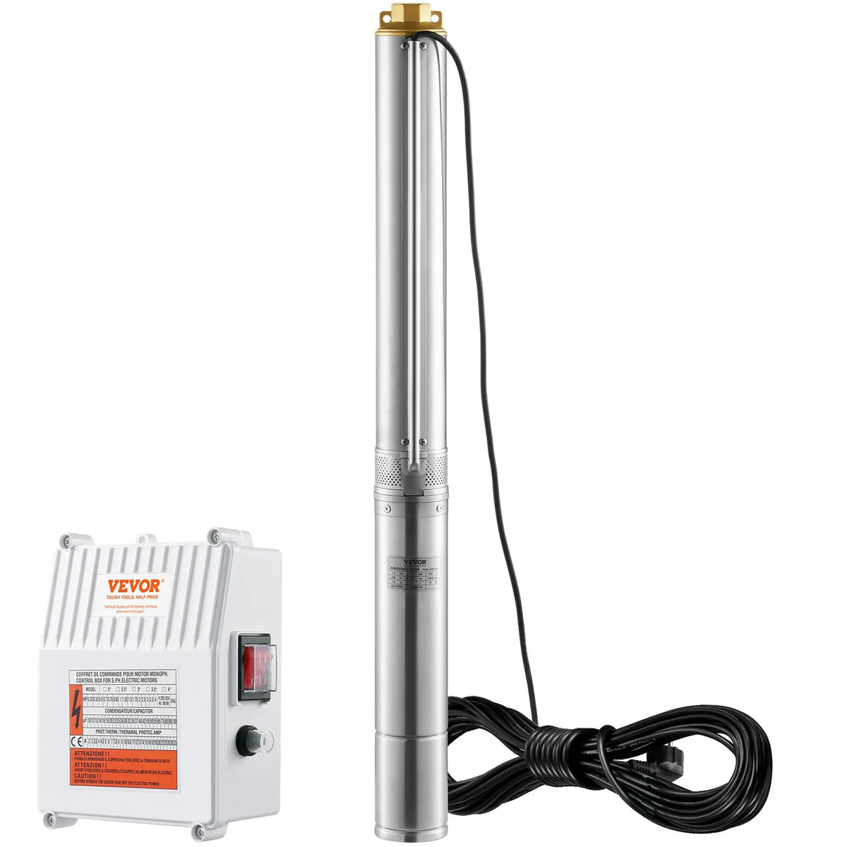 VEVOR dziļurbuma iegremdējamais sūknis 1500 W, 230 V/60 Hz, plūsma līdz 9,8 m³/h, pacelšanas augstums līdz 108 m, 19,4 m kabelis ar ārēju vadības bloku, nerūsējošā tērauda korpuss, IP68, rūpniecībai, apūdeņošanai un mājsaimniecībai