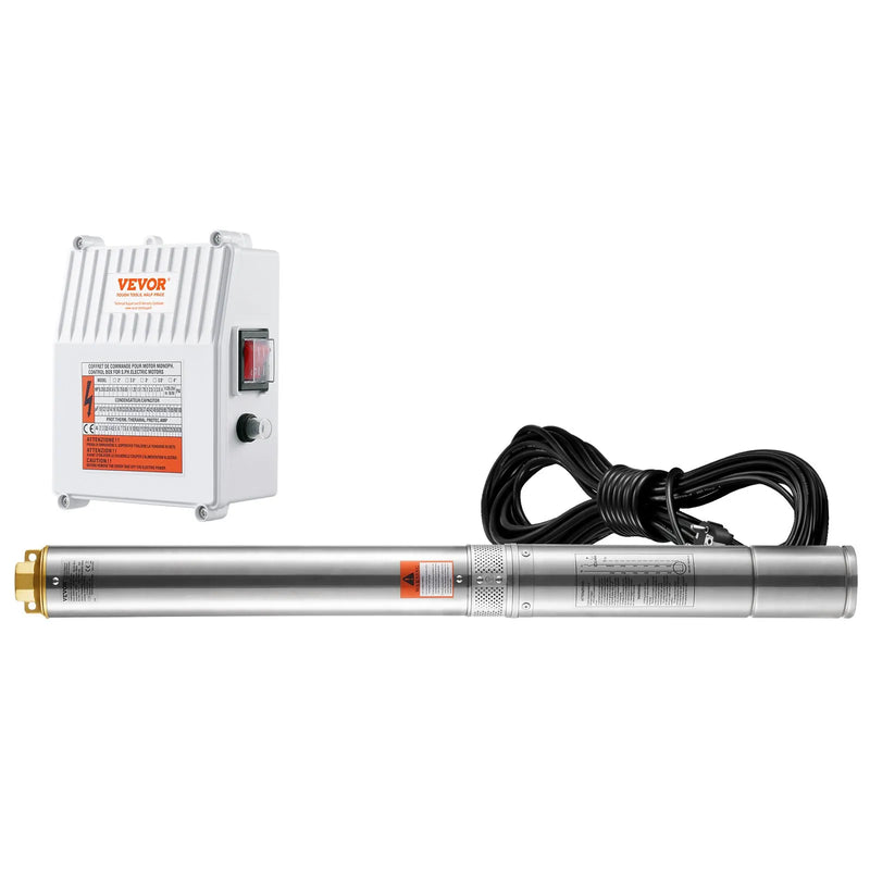 VEVOR dziļurbuma iegremdējamais sūknis 1500 W, 230 V/60 Hz, plūsma līdz 9,8 m³/h, pacelšanas augstums līdz 108 m, 19,4 m kabelis ar ārēju vadības bloku, nerūsējošā tērauda korpuss, IP68, rūpniecībai, apūdeņošanai un mājsaimniecībai