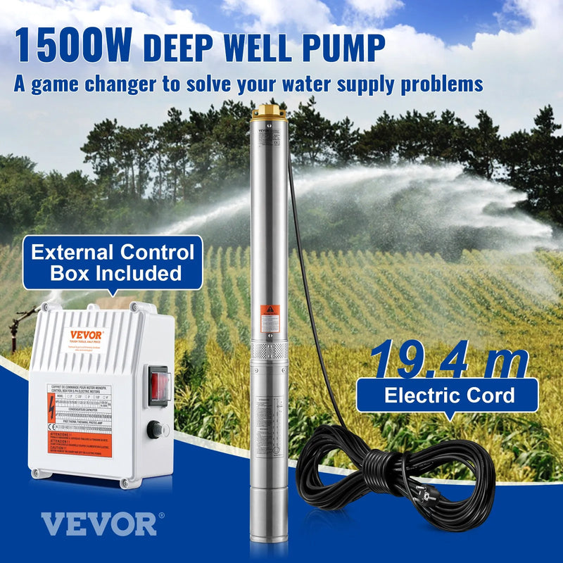 VEVOR dziļurbuma iegremdējamais sūknis 1500 W, 230 V/60 Hz, plūsma līdz 9,8 m³/h, pacelšanas augstums līdz 108 m, 19,4 m kabelis ar ārēju vadības bloku, nerūsējošā tērauda korpuss, IP68, rūpniecībai, apūdeņošanai un mājsaimniecībai