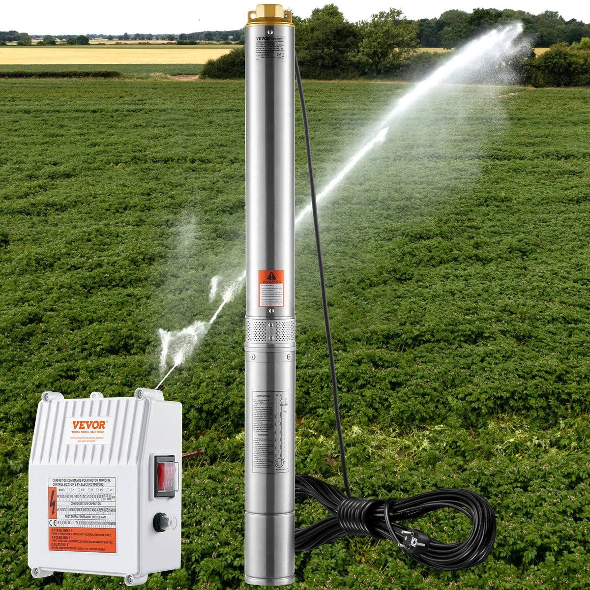 VEVOR dziļurbuma iegremdējamais sūknis 1500 W, 230 V/60 Hz, plūsma līdz 9,8 m³/h, pacelšanas augstums līdz 108 m, 19,4 m kabelis ar ārēju vadības bloku, nerūsējošā tērauda korpuss, IP68, rūpniecībai, apūdeņošanai un mājsaimniecībai