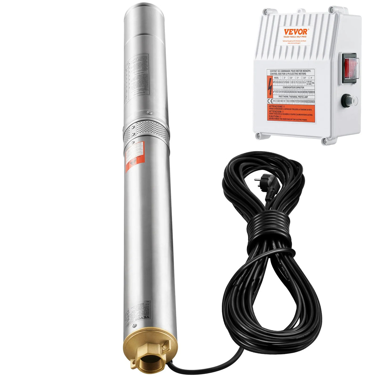 VEVOR dziļurbuma iegremdējamais sūknis 1500 W, 230 V/60 Hz, plūsma līdz 9,8 m³/h, pacelšanas augstums līdz 108 m, 19,4 m kabelis ar ārēju vadības bloku, nerūsējošā tērauda korpuss, IP68, rūpniecībai, apūdeņošanai un mājsaimniecībai