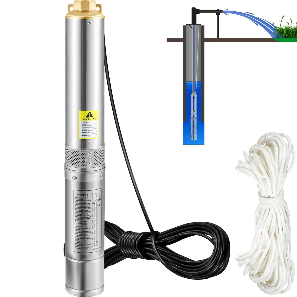 VEVOR dziļurbuma iegremdējamais sūknis 750 W, 230 V/50 Hz, plūsma līdz 100 l/min, pacelšanas augstums līdz 66 m, smilšu izturība < 5 %, 20 m elektriskais kabelis, 7,6 cm nerūsējošā tērauda korpuss, IP68, rūpniecībai, apūdeņošanai un mājsaimniecībai
