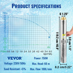 VEVOR dziļurbuma iegremdējamais sūknis 750 W, 230 V/50 Hz, plūsma līdz 100 l/min, pacelšanas augstums līdz 66 m, smilšu izturība < 5 %, 20 m elektriskais kabelis, 7,6 cm nerūsējošā tērauda korpuss, IP68, rūpniecībai, apūdeņošanai un mājsaimniecībai