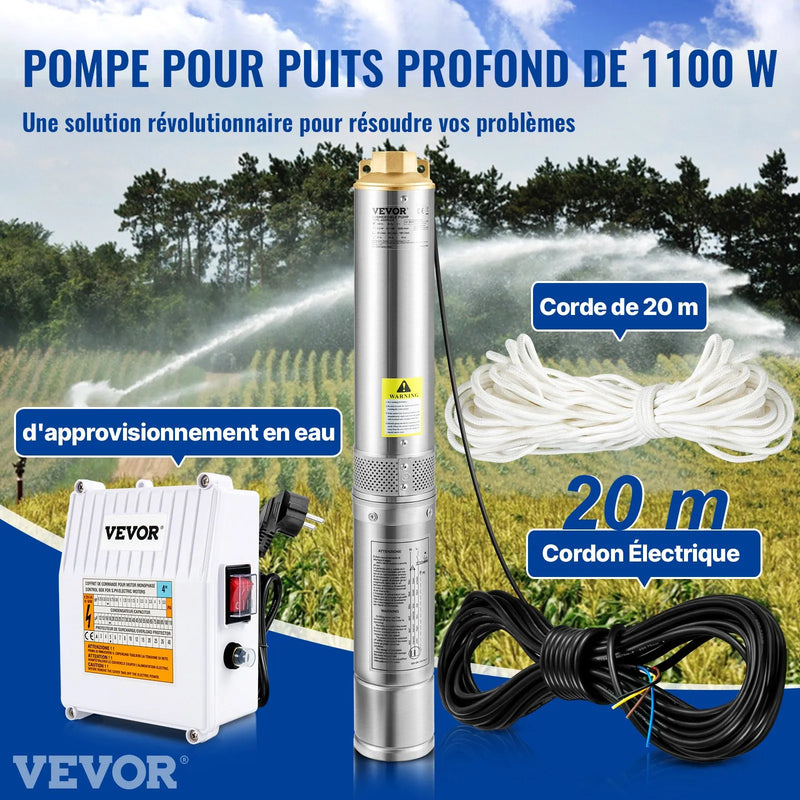 VEVOR dziļurbuma iegremdējamais sūknis 1100 W, 230 V/50 Hz, plūsma līdz 190 l/min, pacelšanas augstums līdz 57 m, 20 m kabelis ar ārēju vadības bloku, 10,2 cm nerūsējošā tērauda korpuss, IP68, rūpniecībai, apūdeņošanai un mājai