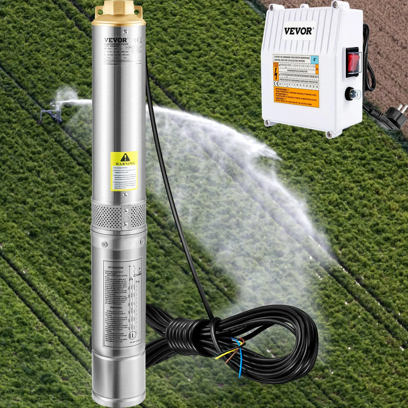 VEVOR dziļurbuma iegremdējamais sūknis 1100 W, 230 V/50 Hz, plūsma līdz 190 l/min, pacelšanas augstums līdz 57 m, 20 m kabelis ar ārēju vadības bloku, 10,2 cm nerūsējošā tērauda korpuss, IP68, rūpniecībai, apūdeņošanai un mājai