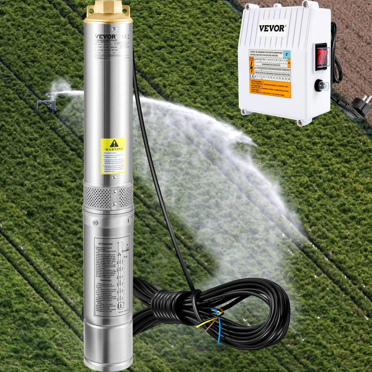 VEVOR dziļurbuma iegremdējamais sūknis 1100 W, 230 V/50 Hz, plūsma līdz 190 l/min, pacelšanas augstums līdz 57 m, 20 m kabelis ar ārēju vadības bloku, 10,2 cm nerūsējošā tērauda korpuss, IP68, rūpniecībai, apūdeņošanai un mājai
