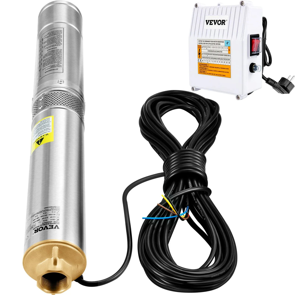 VEVOR dziļurbuma iegremdējamais sūknis 1100 W, 230 V/50 Hz, plūsma līdz 190 l/min, pacelšanas augstums līdz 57 m, 20 m kabelis ar ārēju vadības bloku, 10,2 cm nerūsējošā tērauda korpuss, IP68, rūpniecībai, apūdeņošanai un mājai