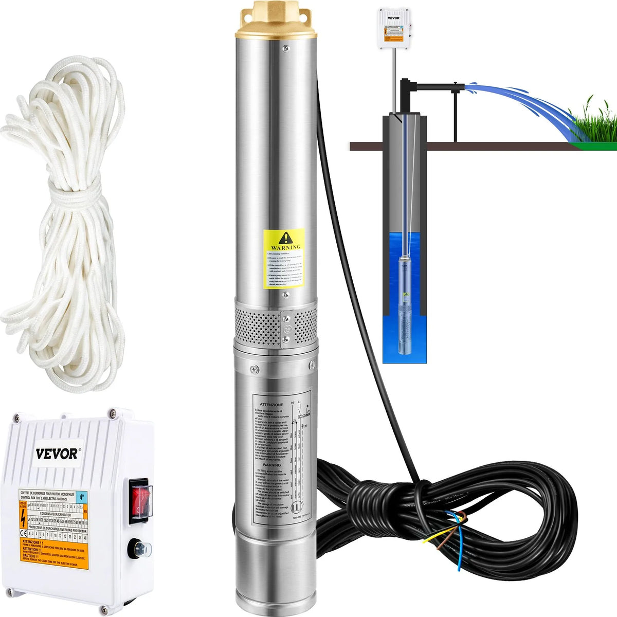 VEVOR dziļurbuma iegremdējamais sūknis, 370 W, 230V/50Hz, plūsma 110 l/min, pacēluma augstums 44 m, ar 20 m kabeli un ārējo vadības bloku, 10,2 cm nerūsējošā tērauda ūdens sūknis rūpnieciskai lietošanai, apūdeņošanai un mājas vajadzībām, IP68