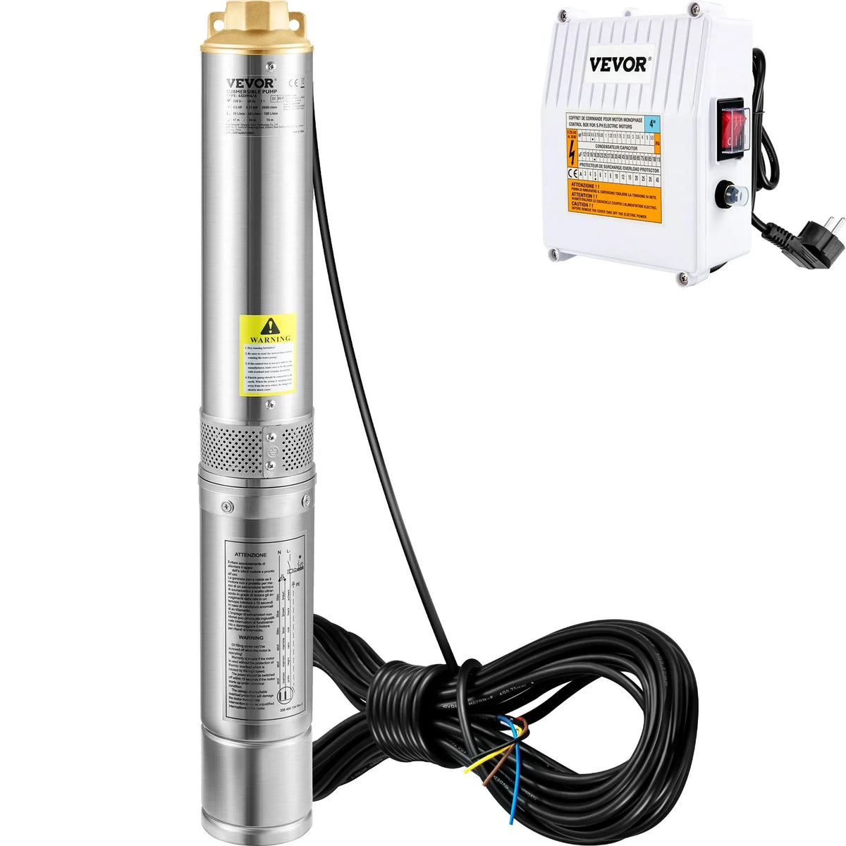 VEVOR dziļurbuma iegremdējamais sūknis, 370 W, 230V/50Hz, plūsma 110 l/min, pacēluma augstums 44 m, ar 20 m kabeli un ārējo vadības bloku, 10,2 cm nerūsējošā tērauda ūdens sūknis rūpnieciskai lietošanai, apūdeņošanai un mājas vajadzībām, IP68