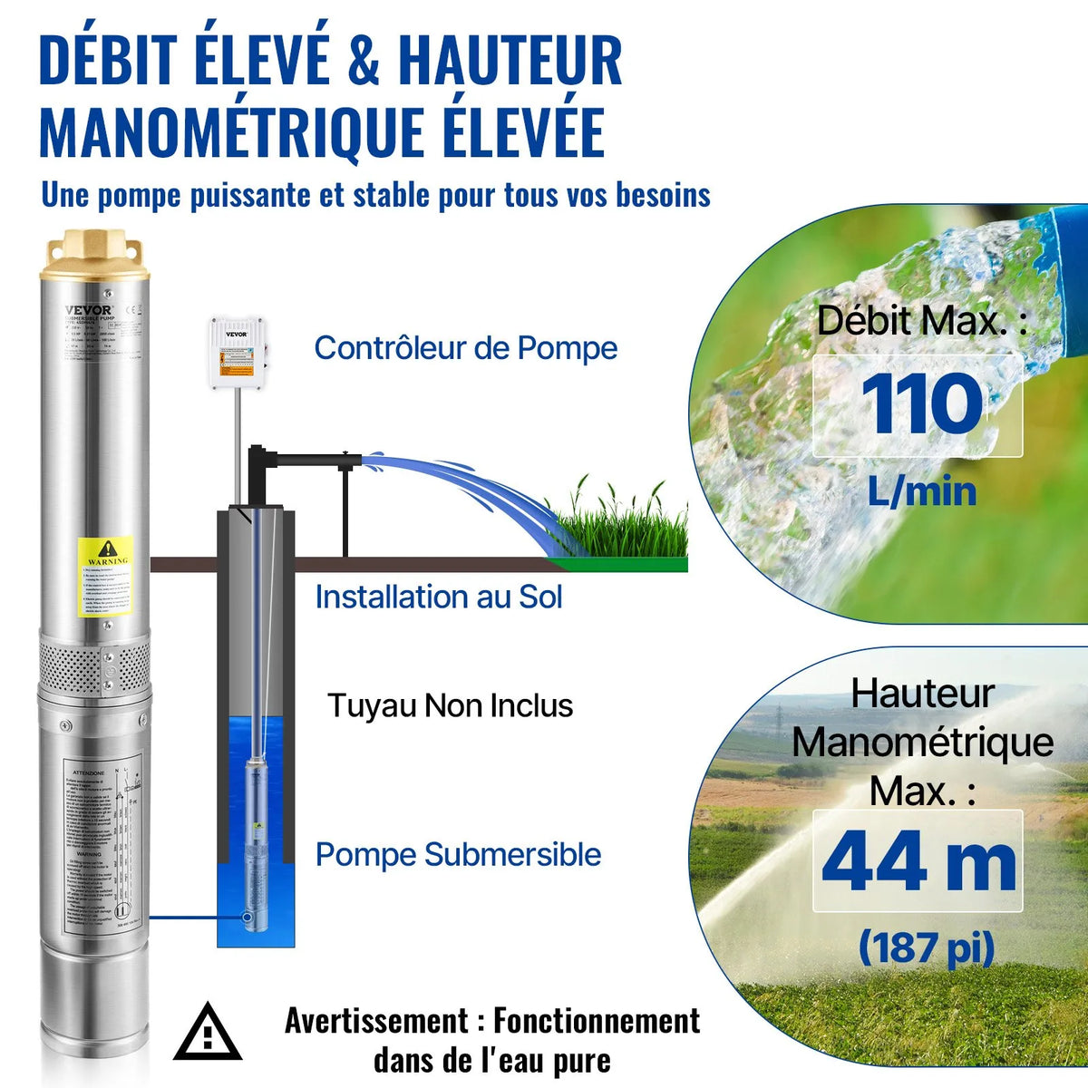 VEVOR dziļurbuma iegremdējamais sūknis, 370 W, 230V/50Hz, plūsma 110 l/min, pacēluma augstums 44 m, ar 20 m kabeli un ārējo vadības bloku, 10,2 cm nerūsējošā tērauda ūdens sūknis rūpnieciskai lietošanai, apūdeņošanai un mājas vajadzībām, IP68