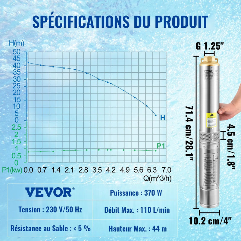 VEVOR dziļurbuma iegremdējamais sūknis, 370 W, 230V/50Hz, plūsma 110 l/min, pacēluma augstums 44 m, ar 20 m kabeli un ārējo vadības bloku, 10,2 cm nerūsējošā tērauda ūdens sūknis rūpnieciskai lietošanai, apūdeņošanai un mājas vajadzībām, IP68