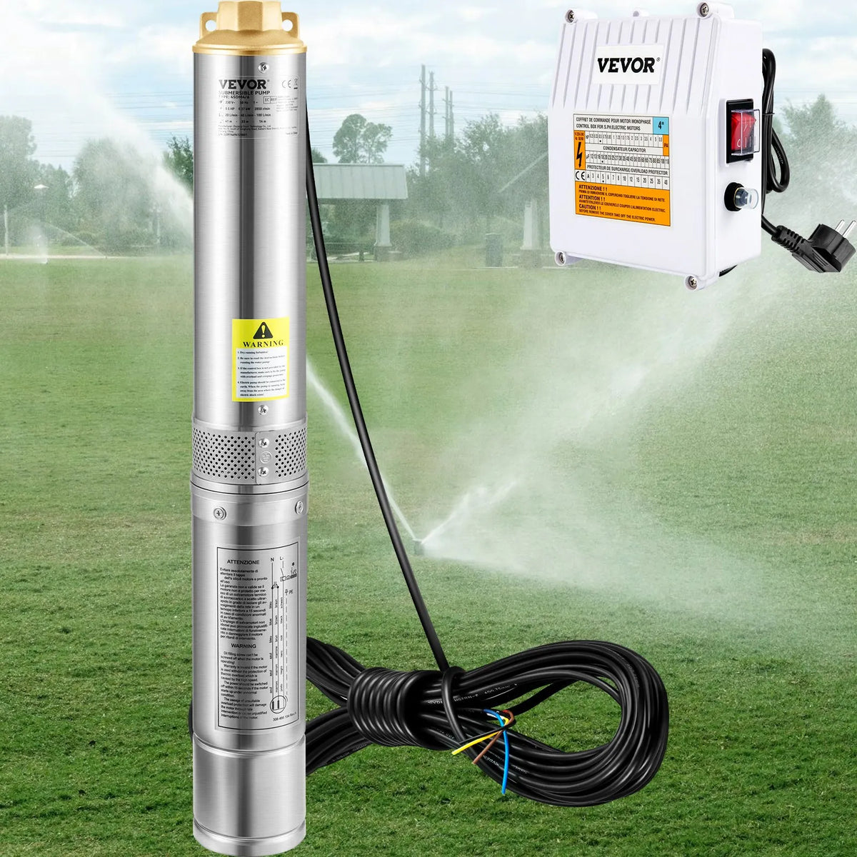 VEVOR dziļurbuma iegremdējamais sūknis, 370 W, 230V/50Hz, plūsma 110 l/min, pacēluma augstums 44 m, ar 20 m kabeli un ārējo vadības bloku, 10,2 cm nerūsējošā tērauda ūdens sūknis rūpnieciskai lietošanai, apūdeņošanai un mājas vajadzībām, IP68