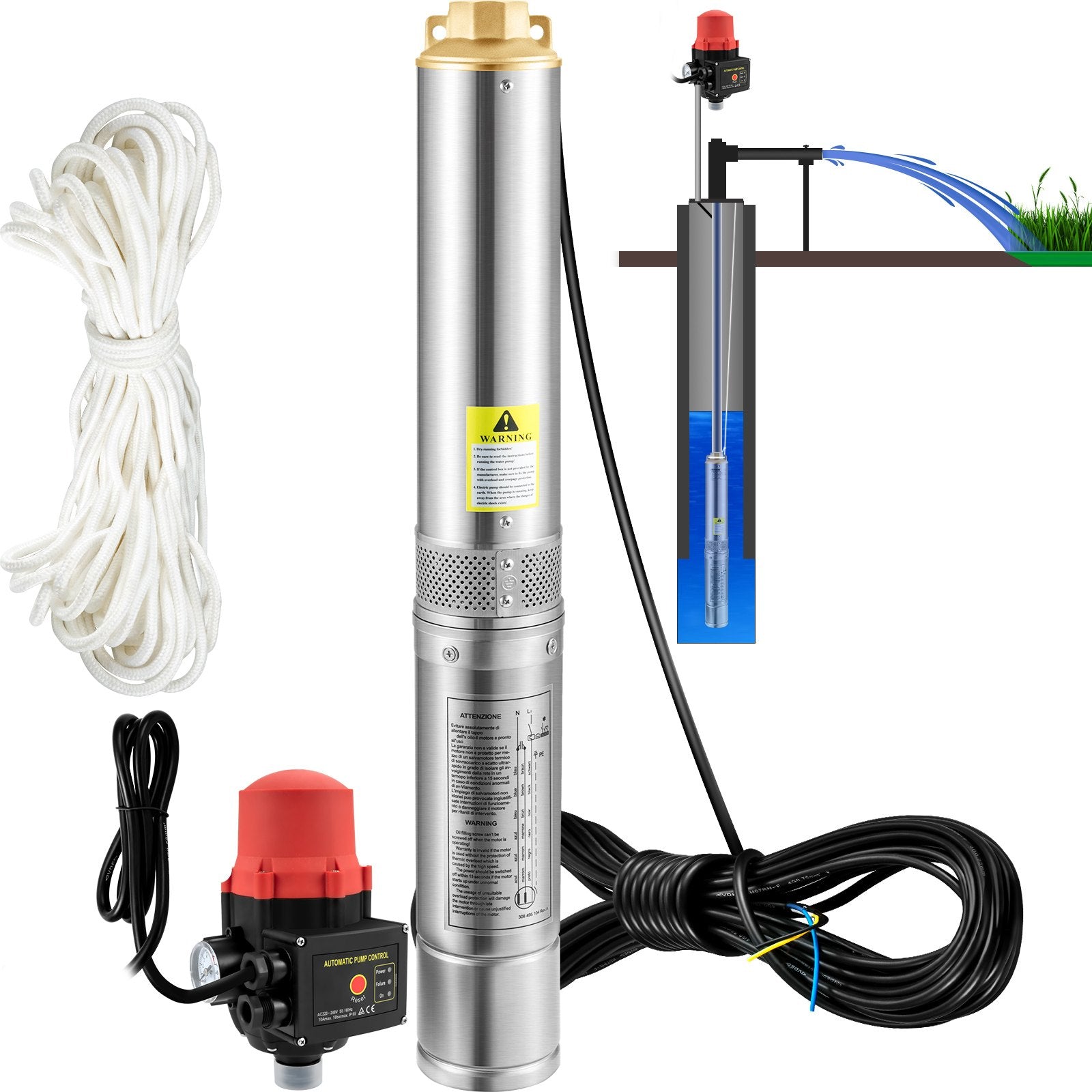 VEVOR dziļurbuma iegremdējamais sūknis 750 W, 230 V/50 Hz, plūsma līdz 105 l/min, pacelšanas augstums līdz 62 m, 20 m kabelis ar automātisko spiediena slēdzi, 8,9 cm nerūsējošā tērauda korpuss, IP68, rūpniecībai, apūdeņošanai un mājsaimniecībai