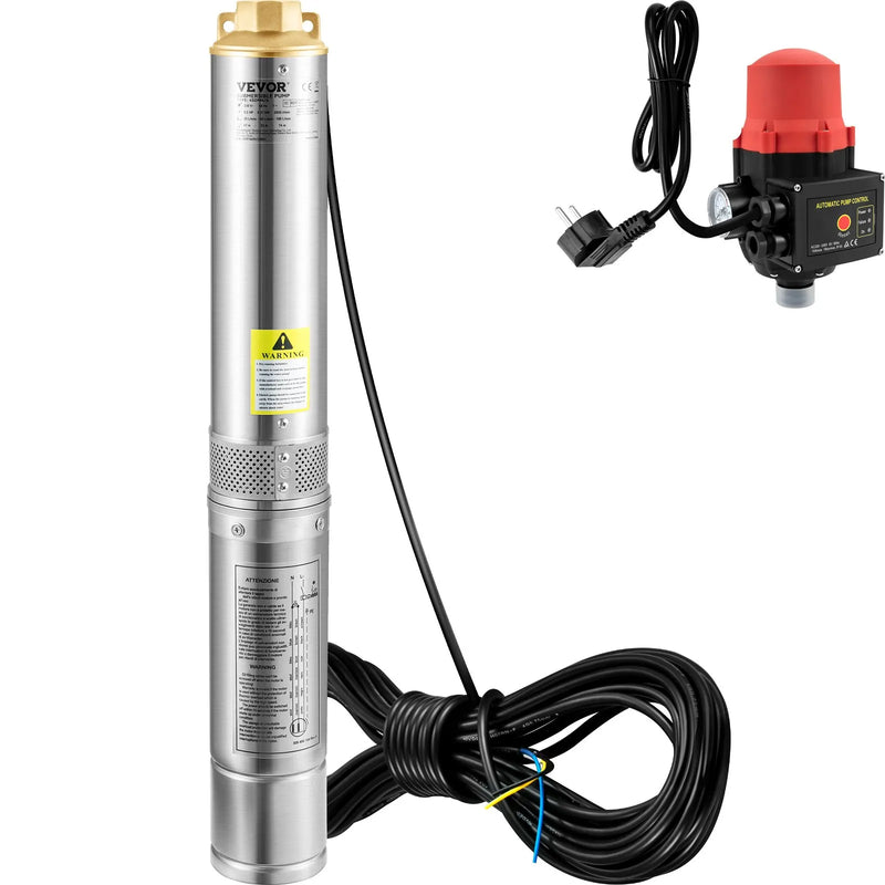 VEVOR dziļurbuma iegremdējamais sūknis 750 W, 230 V/50 Hz, plūsma līdz 105 l/min, pacelšanas augstums līdz 62 m, 20 m kabelis ar automātisko spiediena slēdzi, 8,9 cm nerūsējošā tērauda korpuss, IP68, rūpniecībai, apūdeņošanai un mājsaimniecībai