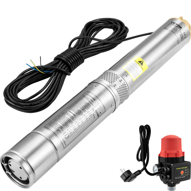 VEVOR dziļurbuma iegremdējamais sūknis 750 W, 230 V/50 Hz, plūsma līdz 105 l/min, pacelšanas augstums līdz 62 m, 20 m kabelis ar automātisko spiediena slēdzi, 8,9 cm nerūsējošā tērauda korpuss, IP68, rūpniecībai, apūdeņošanai un mājsaimniecībai