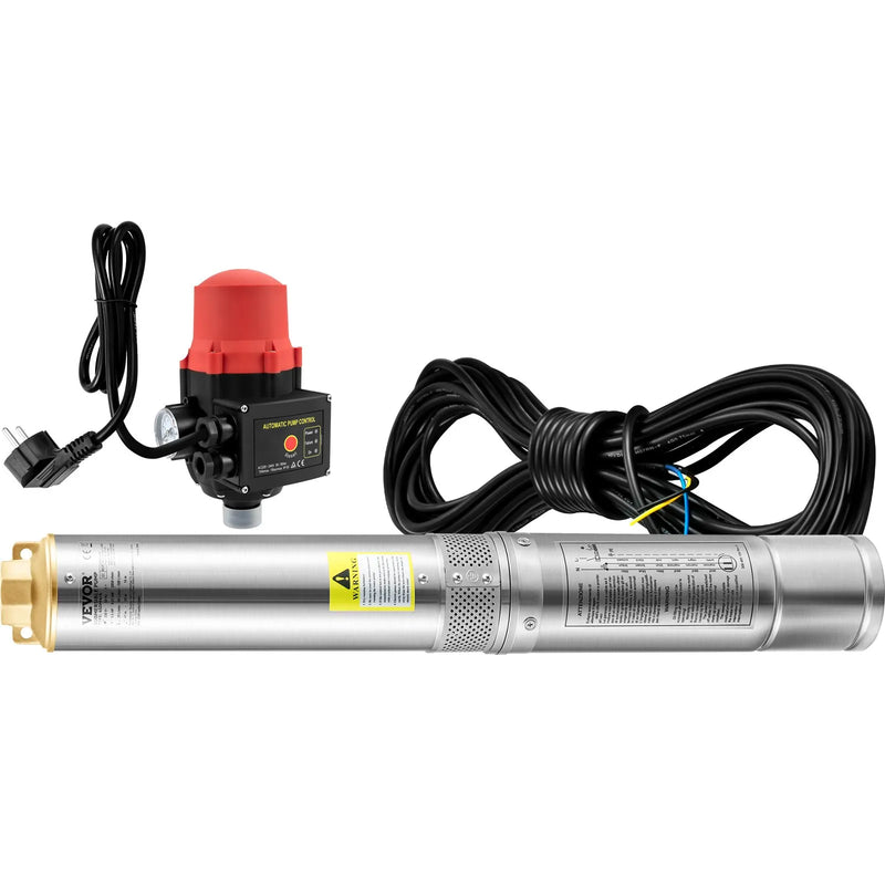VEVOR dziļurbuma iegremdējamais sūknis 750 W, 230 V/50 Hz, plūsma līdz 105 l/min, pacelšanas augstums līdz 62 m, 20 m kabelis ar automātisko spiediena slēdzi, 8,9 cm nerūsējošā tērauda korpuss, IP68, rūpniecībai, apūdeņošanai un mājsaimniecībai