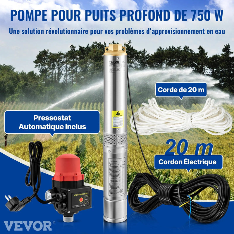 VEVOR dziļurbuma iegremdējamais sūknis 750 W, 230 V/50 Hz, plūsma līdz 105 l/min, pacelšanas augstums līdz 62 m, 20 m kabelis ar automātisko spiediena slēdzi, 8,9 cm nerūsējošā tērauda korpuss, IP68, rūpniecībai, apūdeņošanai un mājsaimniecībai