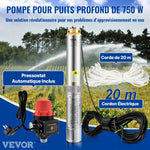 VEVOR dziļurbuma iegremdējamais sūknis 750 W, 230 V/50 Hz, plūsma līdz 105 l/min, pacelšanas augstums līdz 62 m, 20 m kabelis ar automātisko spiediena slēdzi, 8,9 cm nerūsējošā tērauda korpuss, IP68, rūpniecībai, apūdeņošanai un mājsaimniecībai