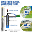 VEVOR dziļurbuma iegremdējamais sūknis 750 W, 230 V/50 Hz, plūsma līdz 105 l/min, pacelšanas augstums līdz 62 m, 20 m kabelis ar automātisko spiediena slēdzi, 8,9 cm nerūsējošā tērauda korpuss, IP68, rūpniecībai, apūdeņošanai un mājsaimniecībai