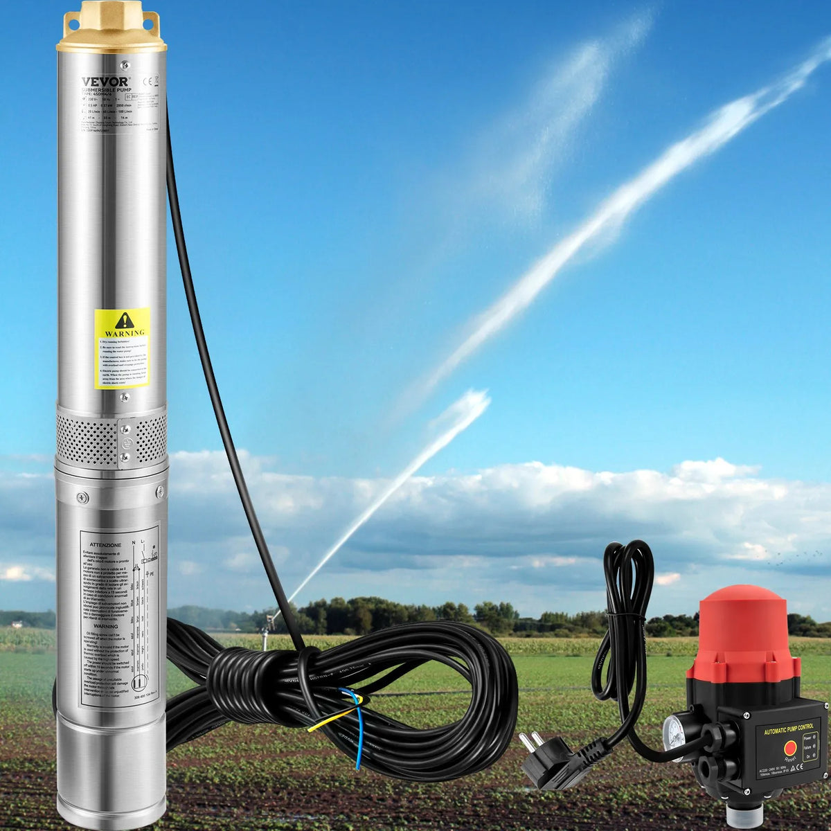 VEVOR dziļurbuma iegremdējamais sūknis 750 W, 230 V/50 Hz, plūsma līdz 105 l/min, pacelšanas augstums līdz 62 m, 20 m kabelis ar automātisko spiediena slēdzi, 8,9 cm nerūsējošā tērauda korpuss, IP68, rūpniecībai, apūdeņošanai un mājsaimniecībai