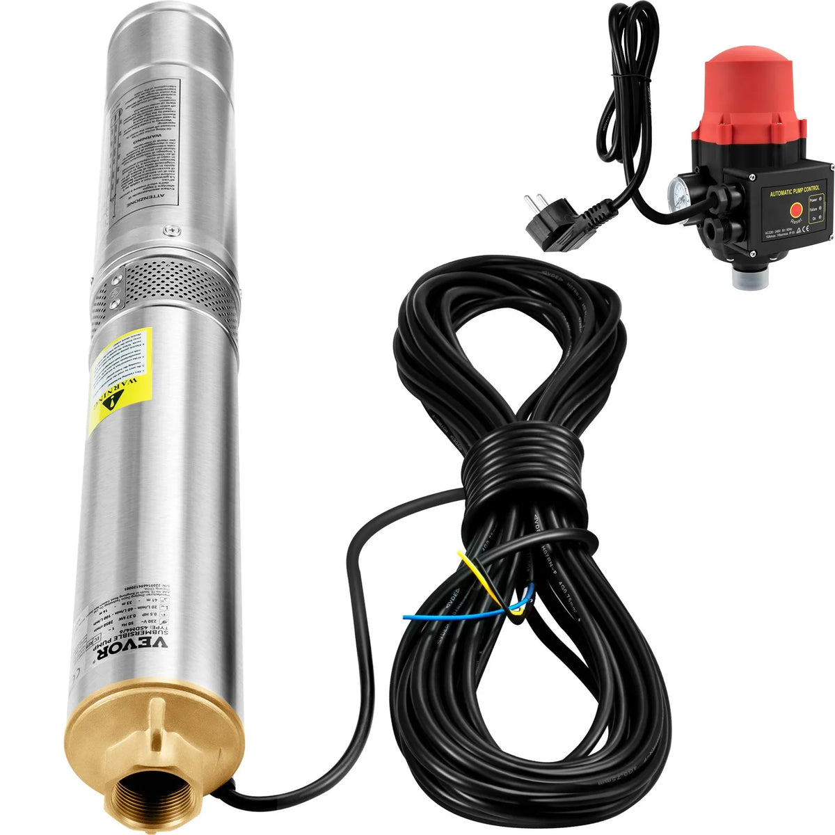 VEVOR dziļurbuma iegremdējamais sūknis 750 W, 230 V/50 Hz, plūsma līdz 105 l/min, pacelšanas augstums līdz 62 m, 20 m kabelis ar automātisko spiediena slēdzi, 8,9 cm nerūsējošā tērauda korpuss, IP68, rūpniecībai, apūdeņošanai un mājsaimniecībai