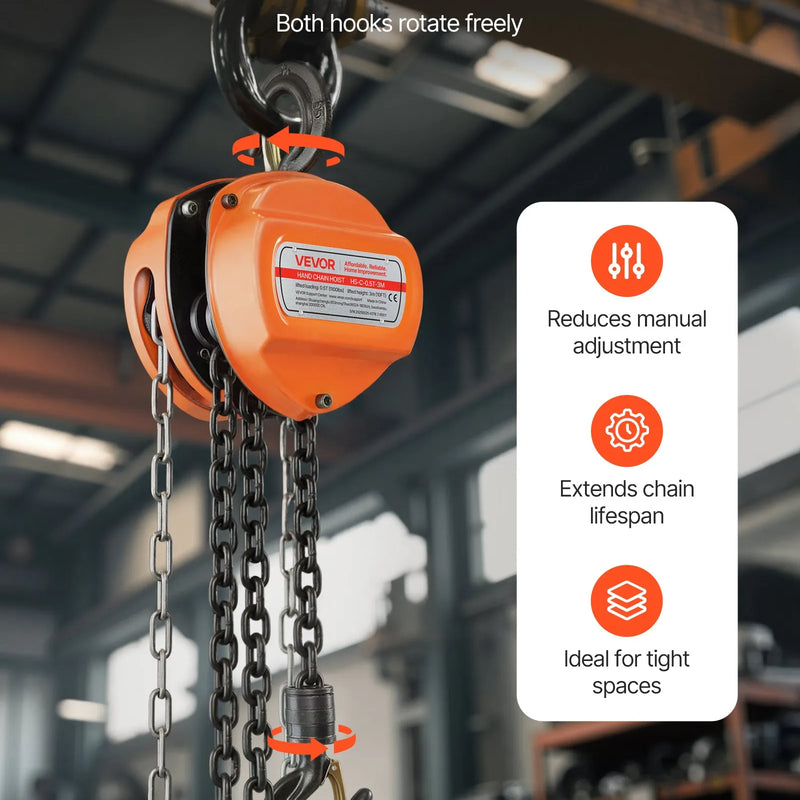 VEVOR manuālais ķēdes pacēlājs, 0,5 t, G80 cinkota ķēde, 3 m pacelšana, oranžs