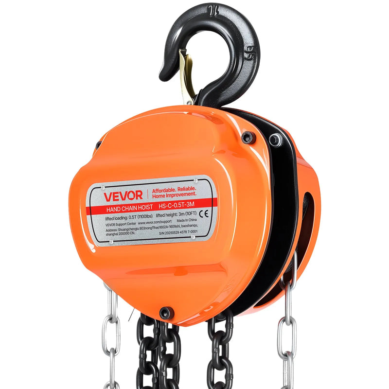 VEVOR manuālais ķēdes pacēlājs, 0,5 t, G80 cinkota ķēde, 3 m pacelšana, oranžs