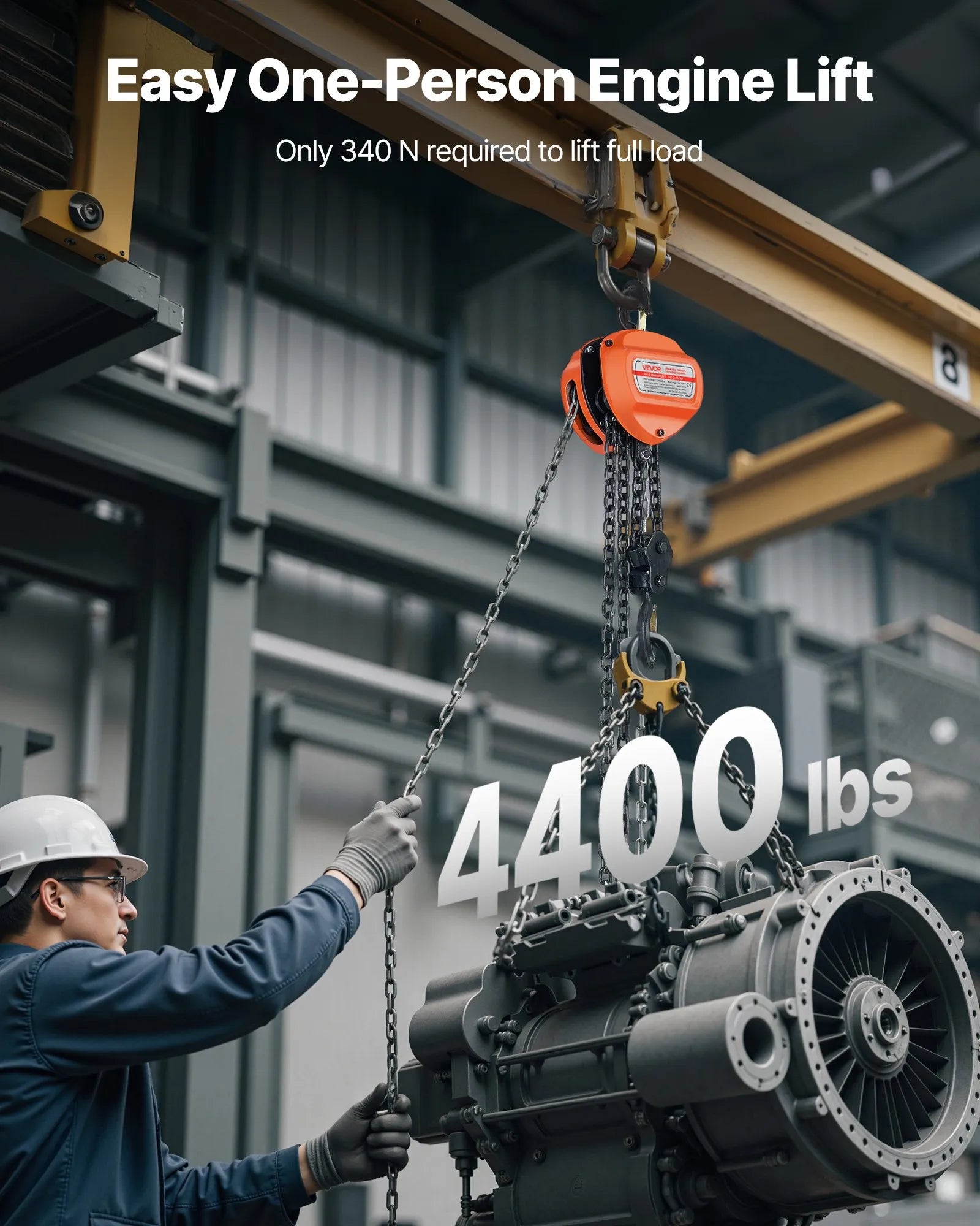 VEVOR rokas ķēdes pacēlājs, 2 t, G80 cinkota ķēde, 3 m pacelšanas augstums, oranžs
