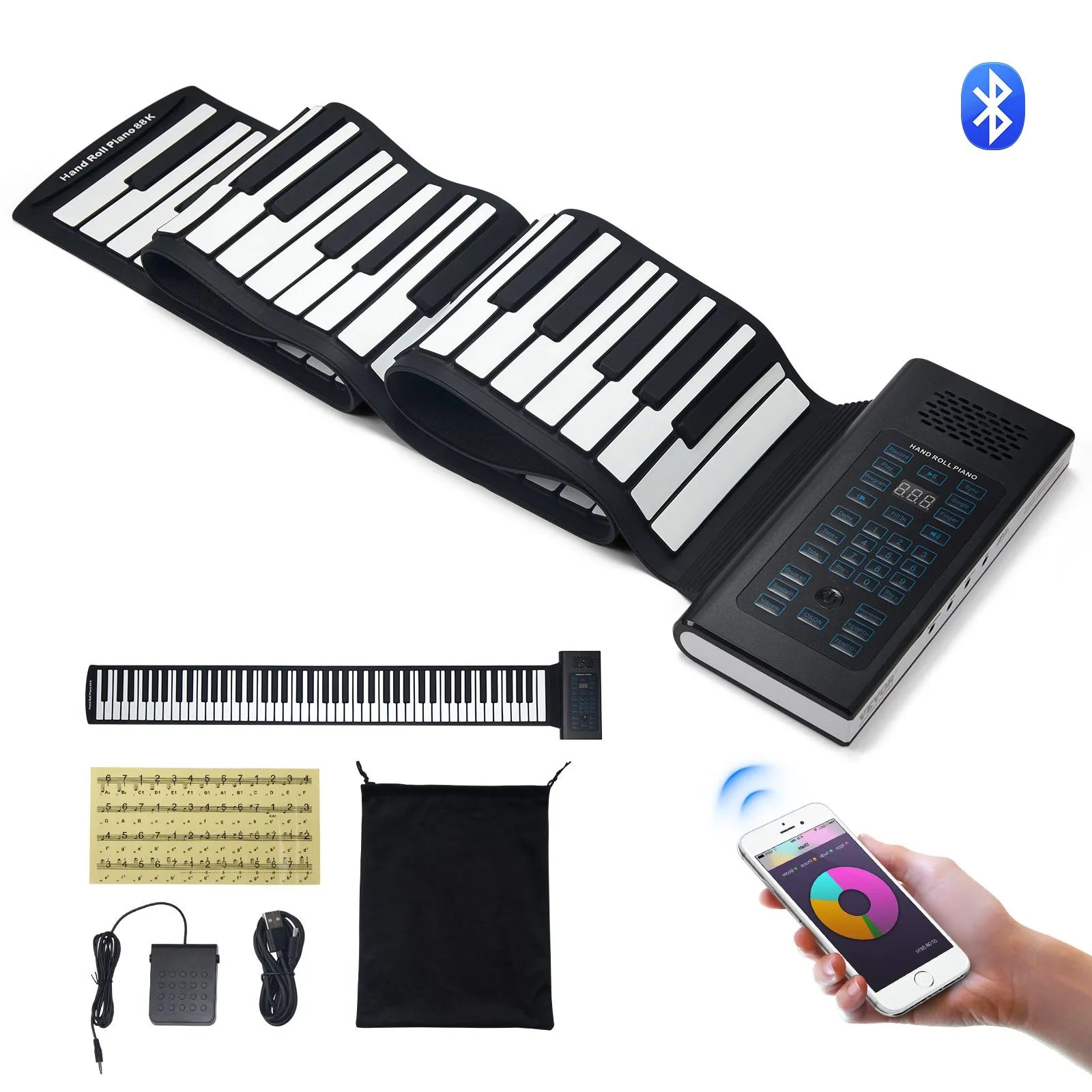 VEVOR pārnēsājamā ritināmā klaviatūra ar 88 taustiņiem, elektriskā digitālā klaviatūra ar 128 ritmiem, 128 tembriem, uzlādējamu akumulatoru, 2 W skaļruni, LED displeju un 5 pieslēgvietām ar MIDI funkciju, bērniem, iesācējiem un pieaugušajiem