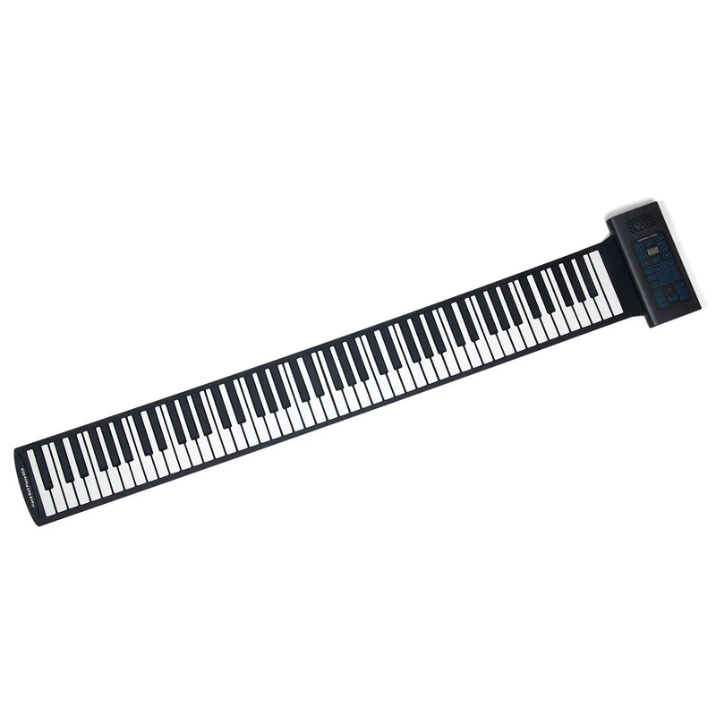 VEVOR pārnēsājamā ritināmā klaviatūra ar 88 taustiņiem, elektriskā digitālā klaviatūra ar 128 ritmiem, 128 tembriem, uzlādējamu akumulatoru, 2 W skaļruni, LED displeju un 5 pieslēgvietām ar MIDI funkciju, bērniem, iesācējiem un pieaugušajiem
