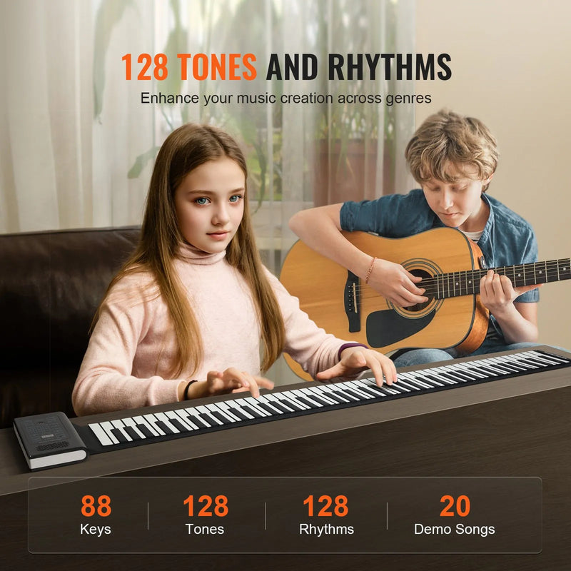 VEVOR pārnēsājamā ritināmā klaviatūra ar 88 taustiņiem, elektriskā digitālā klaviatūra ar 128 ritmiem, 128 tembriem, uzlādējamu akumulatoru, 2 W skaļruni, LED displeju un 5 pieslēgvietām ar MIDI funkciju, bērniem, iesācējiem un pieaugušajiem