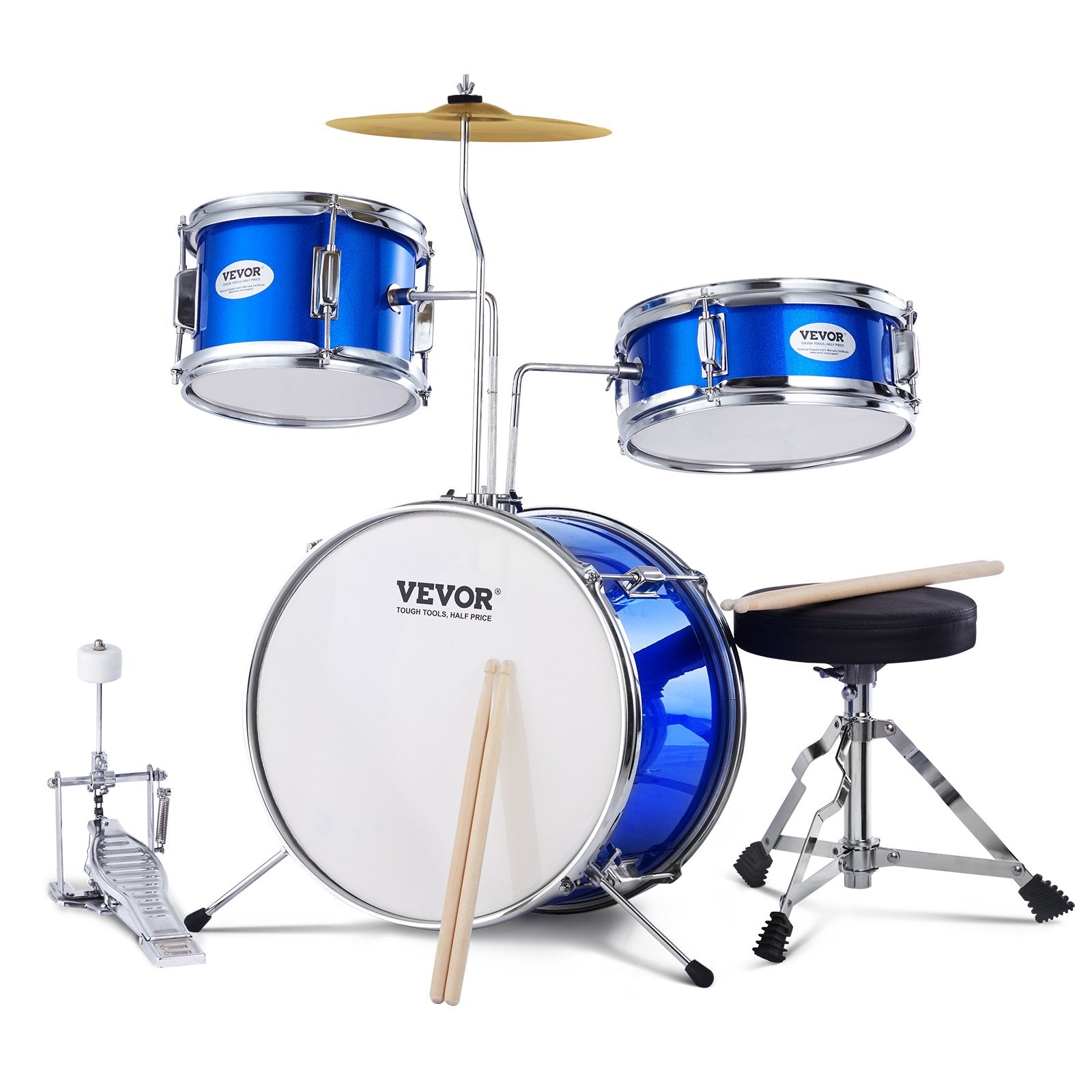 VEVOR bērnu bungu komplekts, 3 daļas, 35,56 cm, iesācējiem, ar sēdekli, zils