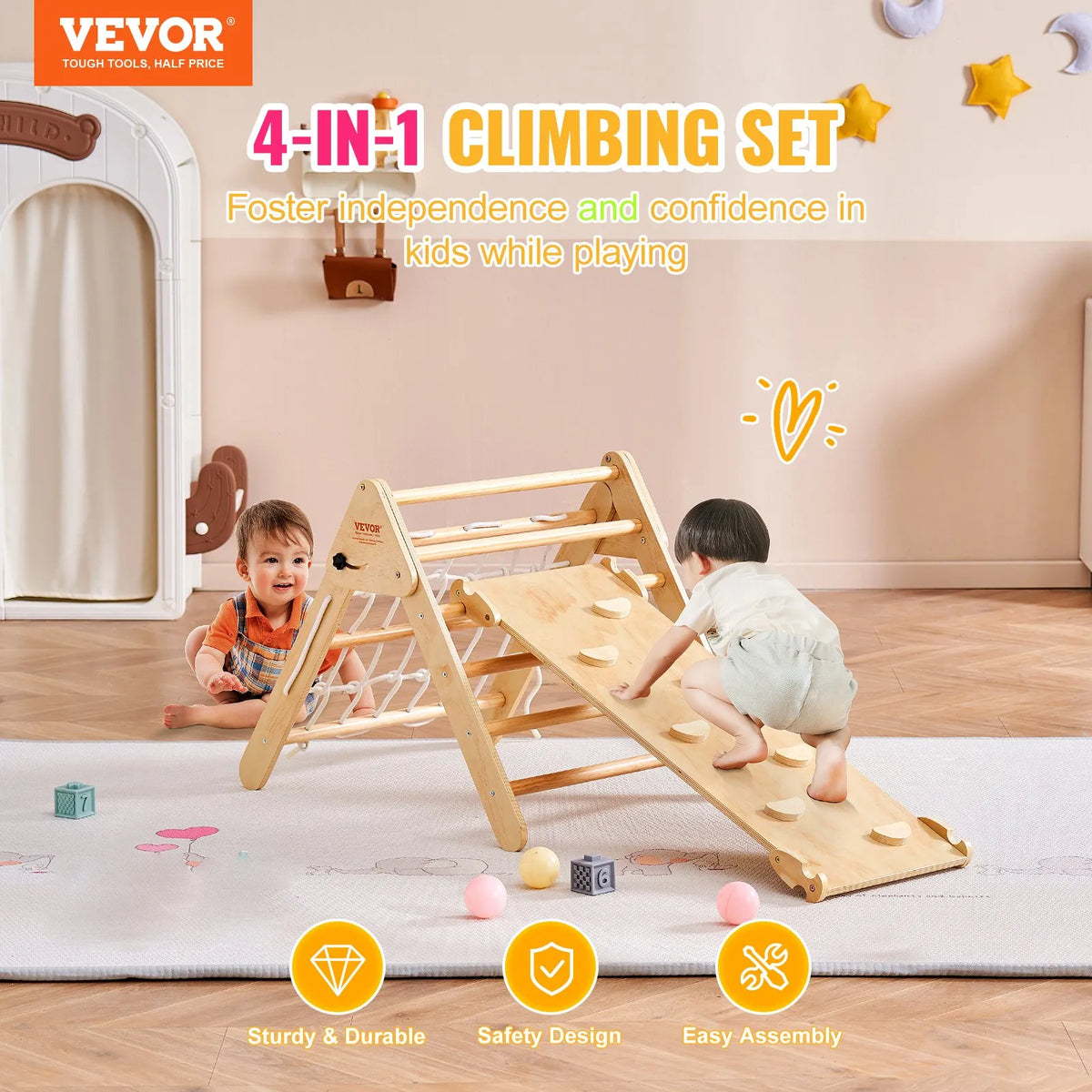 VEVOR Piklera trijstūra komplekts 4-in-1, Montessori koka kāpelēšanas rotaļlieta bērniem 1–3 gadi, iekštelpu rotaļu laukums ar trijstūri un rampu, liels izmērs, koka krāsa