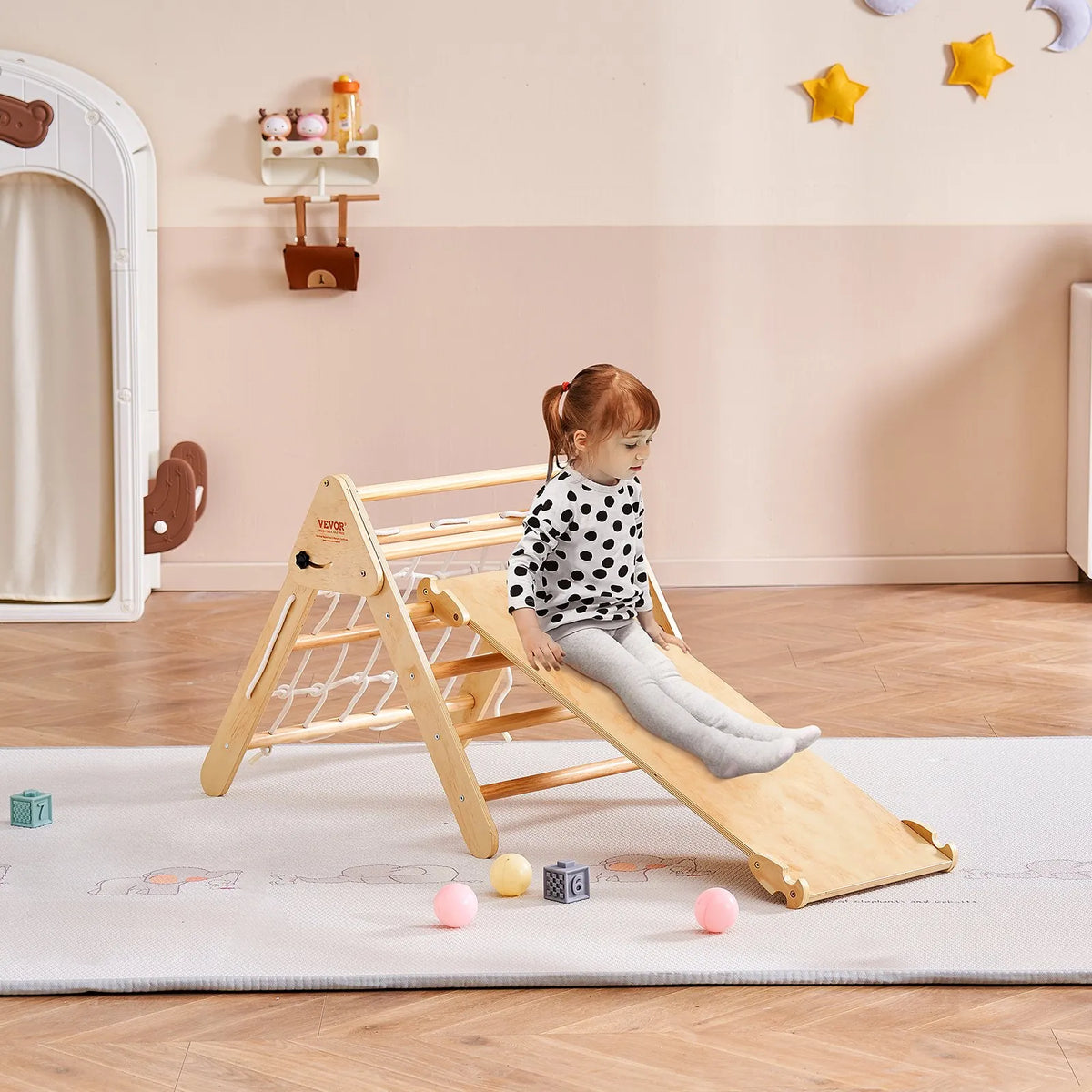 VEVOR Piklera trijstūra komplekts 4-in-1, Montessori koka kāpelēšanas rotaļlieta bērniem 1–3 gadi, iekštelpu rotaļu laukums ar trijstūri un rampu, liels izmērs, koka krāsa