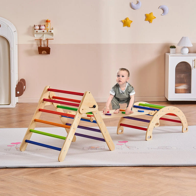 VEVOR Piklera trijstūra komplekts 5-in-1, Montessori koka kāpelēšanas rotaļlieta bērniem 1–3 gadi, iekštelpu rotaļu laukums ar trijstūri, rampu un arku, liels izmērs, krāsains