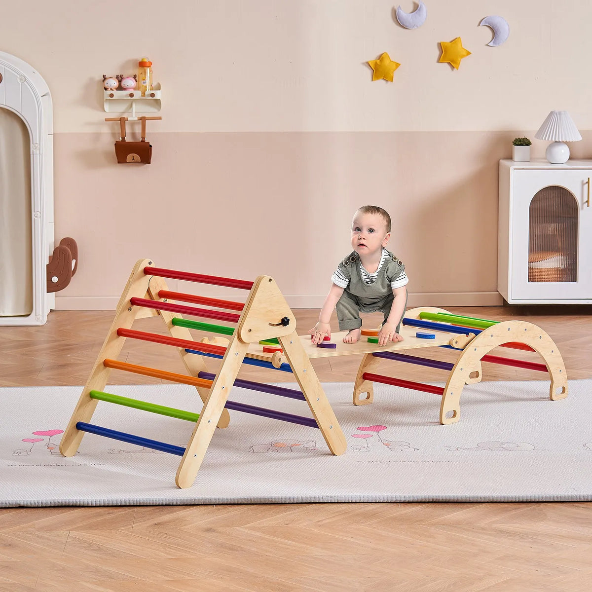 VEVOR Piklera trijstūra komplekts 5-in-1, Montessori koka kāpelēšanas rotaļlieta bērniem 1–3 gadi, iekštelpu rotaļu laukums ar trijstūri, rampu un arku, liels izmērs, krāsains