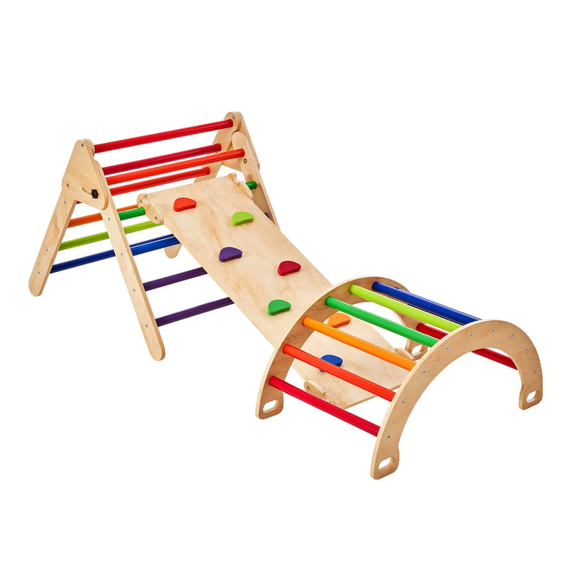 VEVOR Piklera trijstūra komplekts 5-in-1, Montessori koka kāpelēšanas rotaļlieta bērniem 1–3 gadi, iekštelpu rotaļu laukums ar trijstūri, rampu un arku, liels izmērs, krāsains