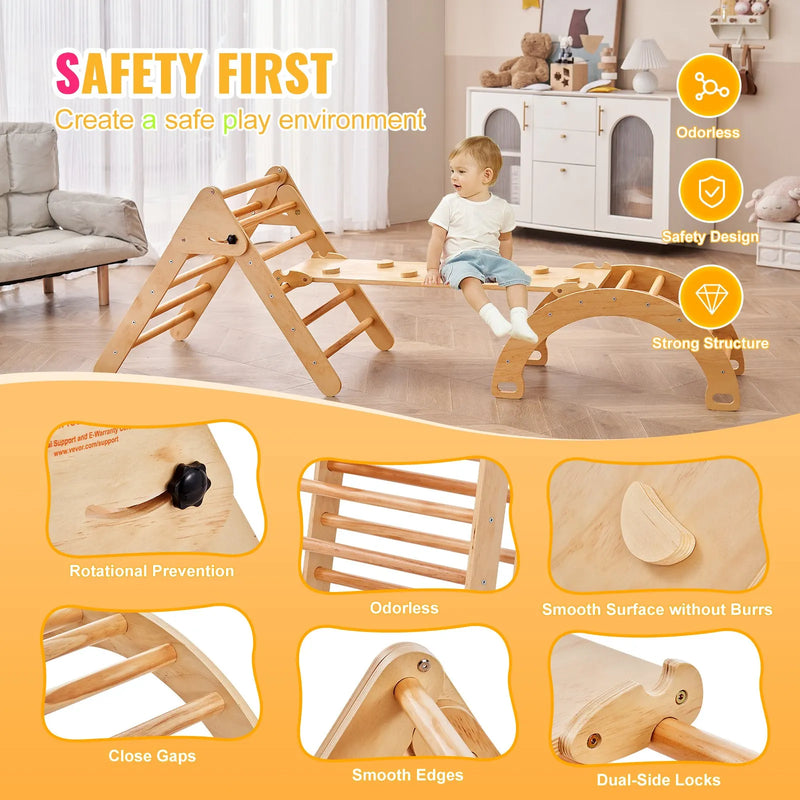 VEVOR Piklera trijstūra komplekts 5-in-1, Montessori koka kāpelēšanas rotaļlieta bērniem 1–3 gadi, iekštelpu rotaļu laukums ar trijstūri, rampu un arku, liels izmērs, koka krāsa