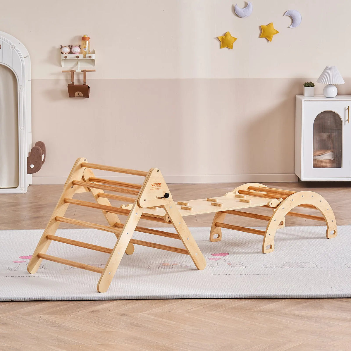 VEVOR Piklera trijstūra komplekts 5-in-1, Montessori koka kāpelēšanas rotaļlieta bērniem 1–3 gadi, iekštelpu rotaļu laukums ar trijstūri, rampu un arku, liels izmērs, koka krāsa