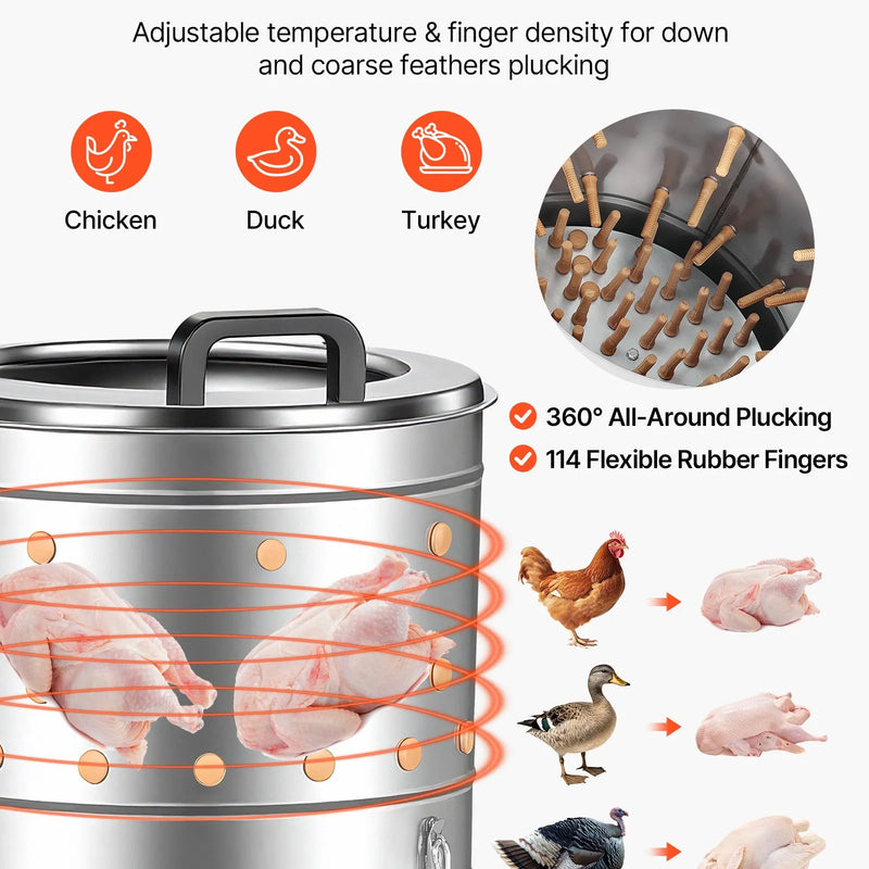 VEVOR putnu spalvu noplūkšanas mašīna, 400 mm bungas diametrs, 500 W, 230 apgr./min, ar 114 silikona pirkstiem un transportēšanas riteņiem, nerūsējošā tērauda spalvu noņēmējs 1–2 vistu apstrādei vienā ciklā