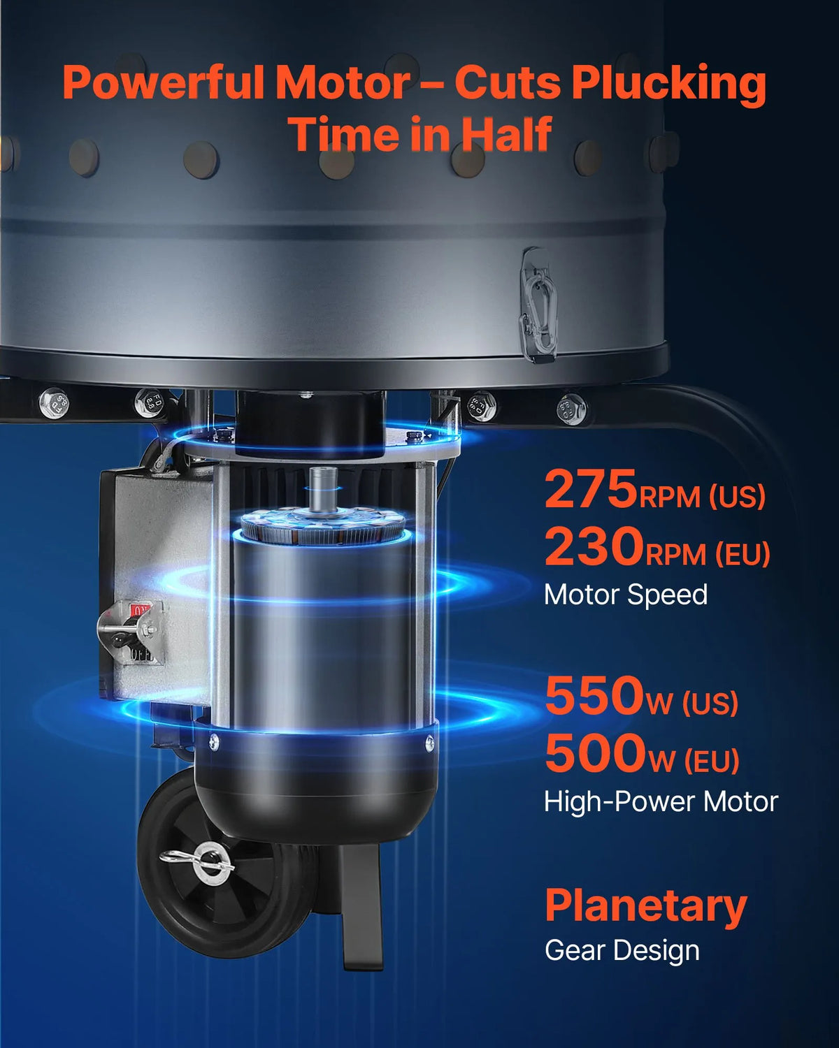 VEVOR putnu spalvu noplūkšanas mašīna, 400 mm bungas diametrs, 500 W, 230 apgr./min, ar 114 silikona pirkstiem un transportēšanas riteņiem, nerūsējošā tērauda spalvu noņēmējs 1–2 vistu apstrādei vienā ciklā