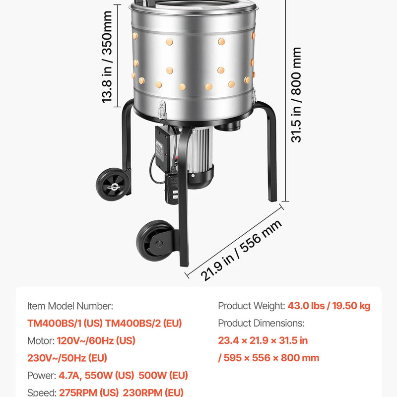 VEVOR putnu spalvu noplūkšanas mašīna, 400 mm bungas diametrs, 500 W, 230 apgr./min, ar 114 silikona pirkstiem un transportēšanas riteņiem, nerūsējošā tērauda spalvu noņēmējs 1–2 vistu apstrādei vienā ciklā