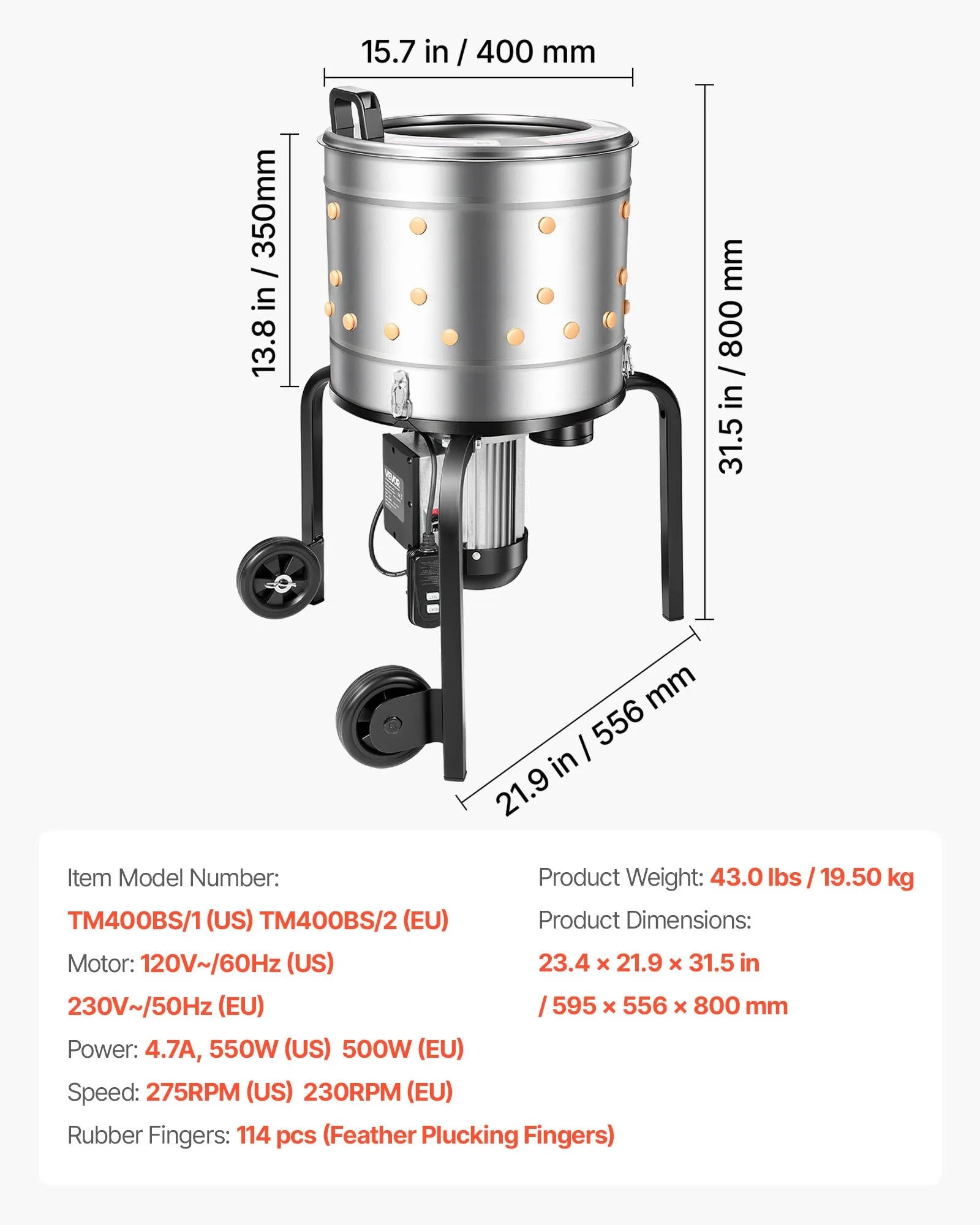 VEVOR putnu spalvu noplūkšanas mašīna, 400 mm bungas diametrs, 500 W, 230 apgr./min, ar 114 silikona pirkstiem un transportēšanas riteņiem, nerūsējošā tērauda spalvu noņēmējs 1–2 vistu apstrādei vienā ciklā
