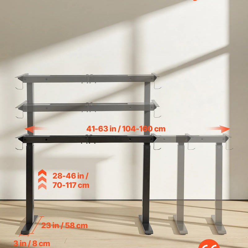 VEVOR elektriskais stāvgalda rāmis ar diviem motoriem, 104–160 cm, 4 augstuma atmiņas iestatījumi, melns